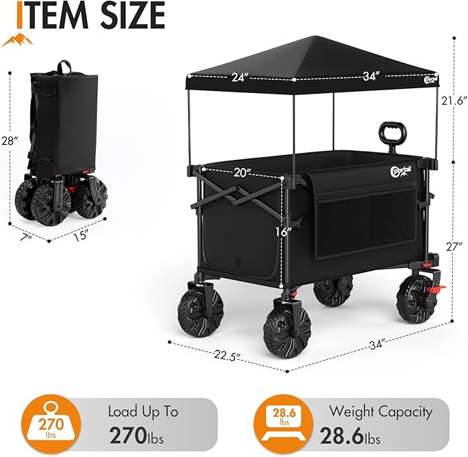Portal 350L Collapsible Wagon Cart with Removable Canopy, 270LB Folding Utility Cart with Rear Door for Pet, Camping, Beach, and Outdoor Adventures