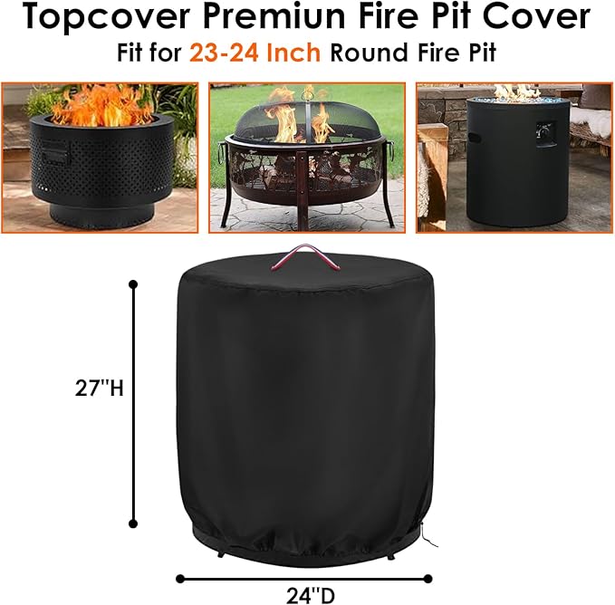 Round Fire Pit Cover,24 Inch 600D Waterproof Outdoor Propane Fire Column Cover For 23 Inch Cylinder Firepit, Patio Fireplace Cover - 24"D x 27"H