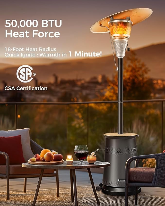 50,000 BTU Patio Heater for Outdoor Use With Adjustable Heat Focusing Top, Portable Propane Patio Heater with Wheels, Stainless Steel Burner for Porch, Deck, Garden, Commercial(Black)
