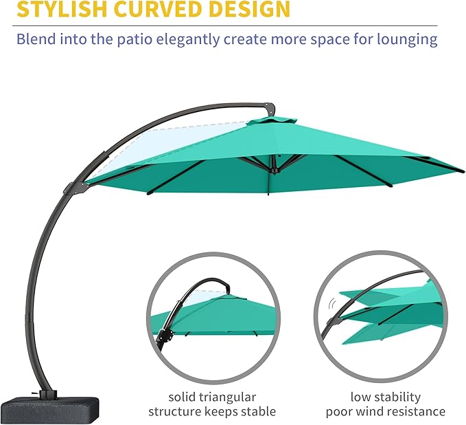 Kingdura 12ft Cantilever Patio Umbrella with Base Included, Large Round Offset Outdoor Pool Umbrella, 360° Rotation & Infinite Tilt, Heavy Duty Aluminum Frame for Deck Backyard, Turquoise blue