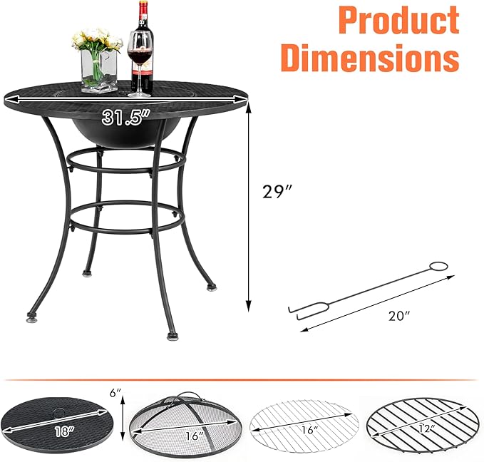 Tangkula 32 Inch Outdoor Fire Pit Dining Table, 4-in-1 Round Wood Burning Fire Pit Bowl, Patio Steel Firepit for BBQ, Bonfire, Camping, Includes Fire Poker, Cover, Grill, Log Grate, Spark Screen Cover