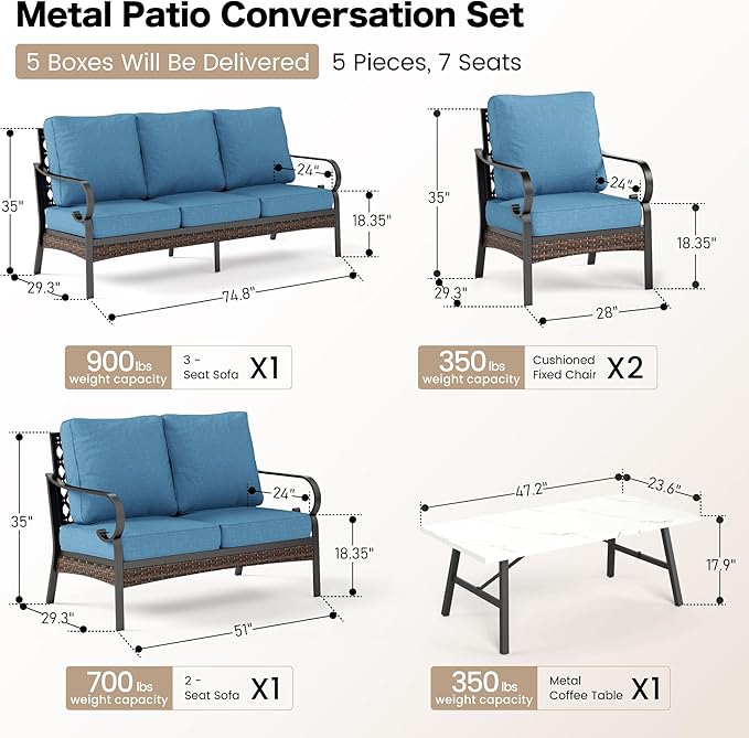 SUNSHINE VALLEY 5 Piece Metal Outdoor Patio Furniture Set, Patio Conversation Sets with 3-Seater Sofa, Loveseat, 2 Fixed Sofa (5.75" Thick Cushion) & Coffee Table Black Backyard Furniture, Denim Blue