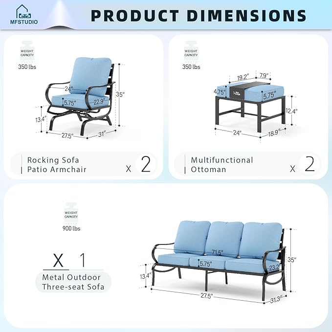 MFSTUDIO 5 Pieces Patio Conversation Sets,Outdoor Metal Furniture Sofas with 1 x 3-Seat Sofa, 2 x Rocking Chairs,2 x Ottoman,Wrought Iron Frame with Blue Cushion for Patio Courtyard Balcony
