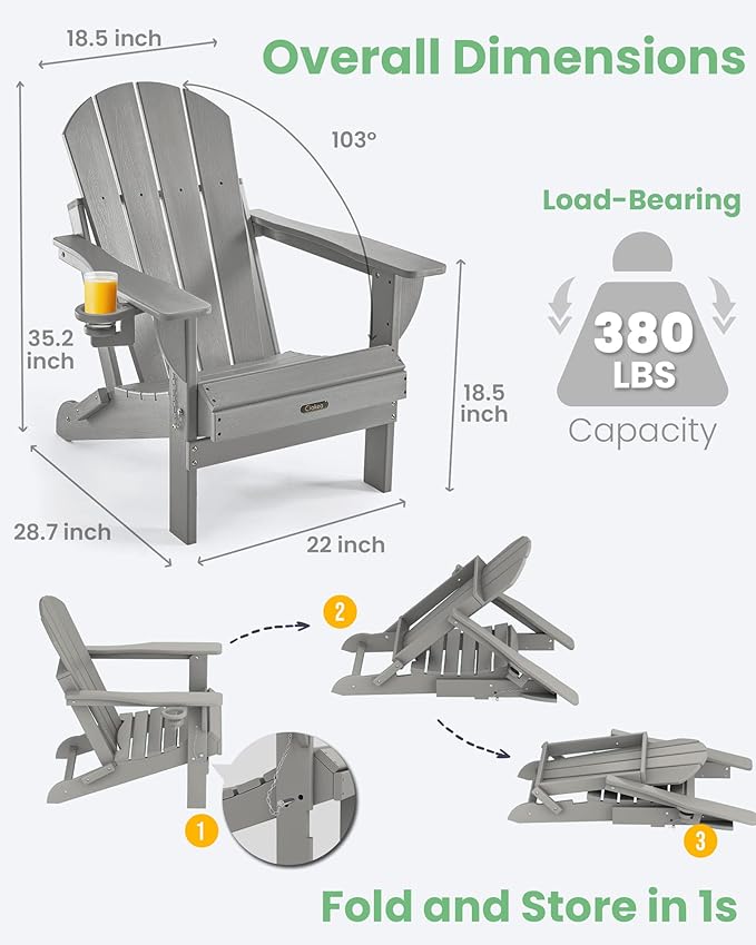 Ciokea Folding Adirondack Chair Wood Texture, Patio Chair Weather Resistant, Plastic Fire Pit Chair with Cup Holder, for Lawn Outdoor Porch Garden Backyard Deck (Grey)