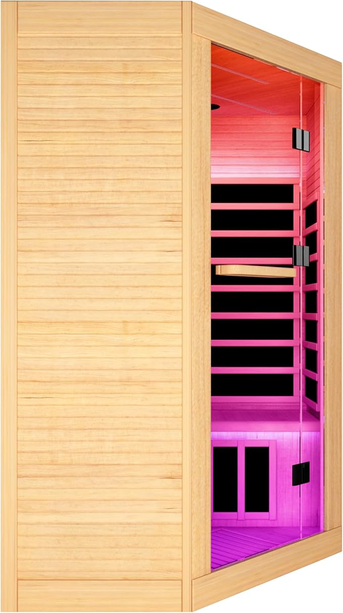 2-3 Person Corner Infrared Sauna Cabin 2180W Home Dry Steam Sauna with Colorful Lights and Bluetooth Speaker, Low Electromagnetic Radiation Canadian Hemlock Wood Dimensions 47.2 x 47.2 x 74.8 inches