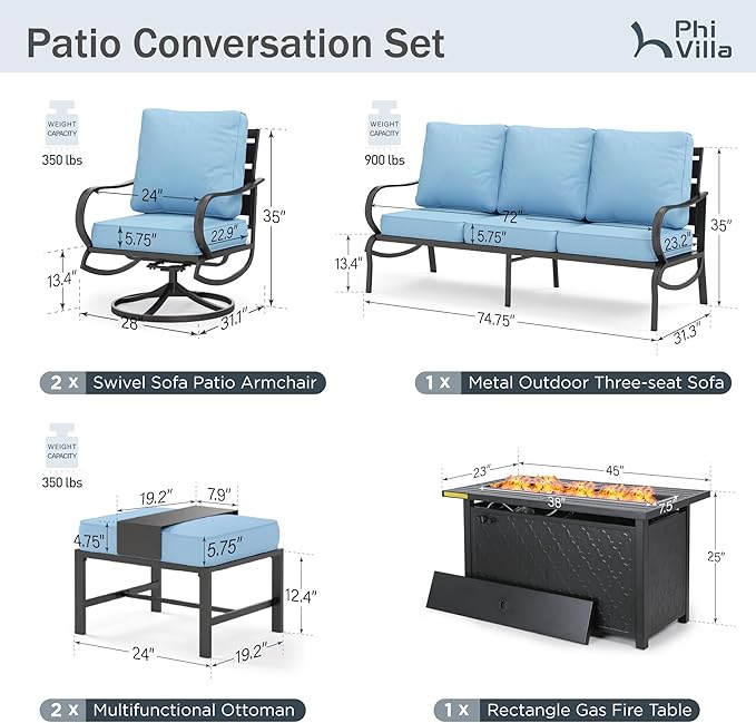 PHI VILLA Patio Furniture with 1 x 45 Metal FirePit Table, 1 x 3-Seat Wide Deep Seating Bench, 2 x Swivel Sofa Chairs & 2 Ottomans, 5.75" Thick Cushioned Outdoor Conversation Set for 5, Light Blue