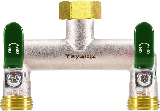 2 Way Garden Hose Splitter, Heavy Duty Brass Nickel Plated Rust Resistant Faucet Manifold, 3/4" Frost Resistant Outdoor Hose Adapter Connector，Hose Spigot Adapter with 2 Large Green Handles