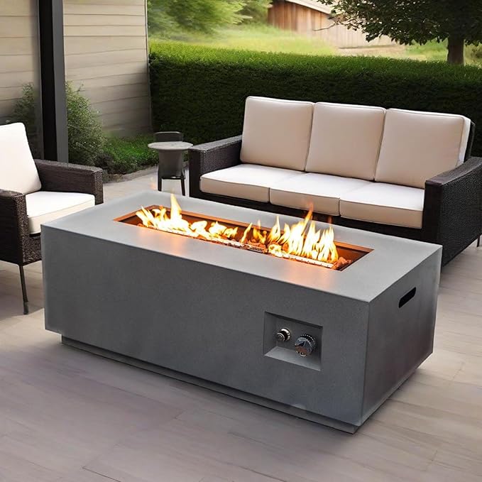 Propane Fire Pit Table 2-Pieces, 42 Inch Firepits for Outside, Rectangular Gas Fire Pit for Outside Patio, Propane Fire Table with Tank Cover for Patio, Backyard, 50000BTU, Gray