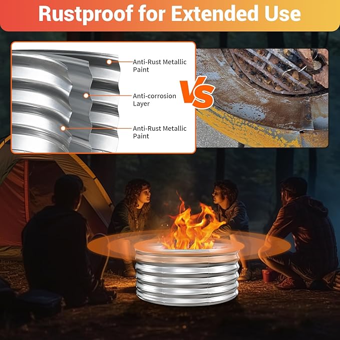 32 Inch Outdoor Fire Pit Ring,17'' Taller High Heat Resistant Wood Burning Firepit & Fireplace for Outside, Heavy Duty Galvanized Steel Fire Pits Bowl for Backyard Bonfire, Patio, Camping, Round