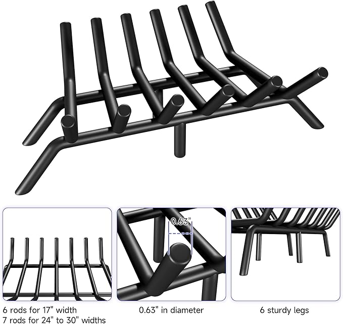 Fireplace Grate 17 Inch, Firewood Log Holder Rack, Heavy Duty Fire Wood Stove Grates for Indoor Outdoor Camping Chimney Hearth Burning Fireplace Accessories Tools