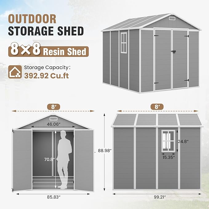 Amopatio 8x8 FT Storage Shed, Resin Outdoor Shed with Floor Included, Plastic Sheds Outdoor Storage for Bike, Garden Tools, Sheds & Outdoor Storage with Lockable Door, Window & Vents, Grey & White