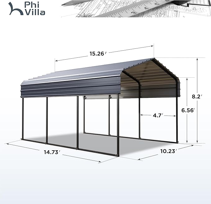 PHI VILLA 10 x 15 Heavy Duty Metal Carport with Galvanized Steel Roof with Sidewalls Enclosure Kit, Sturdy Metal Carport for Cars, Boats, and Tractors