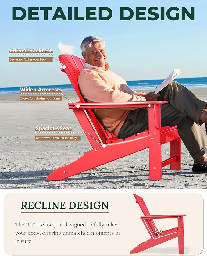 BRIOPAWS Adirondack-Chairs-Set of 4 | Fire Pit Chair | Oversized | HDPE Plastic | Weather Resistant | for Deck Outdoor Poolside Campfire | Red