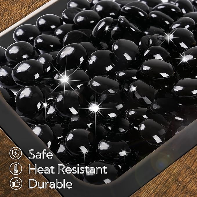 GASPRO 10 lbs Fire Pit Glass for Propane Fire Pit, 3/4 Inch Fire Glass Beads for Fireplace Fire Pit Table, Glass Rocks for Landscaping - Black