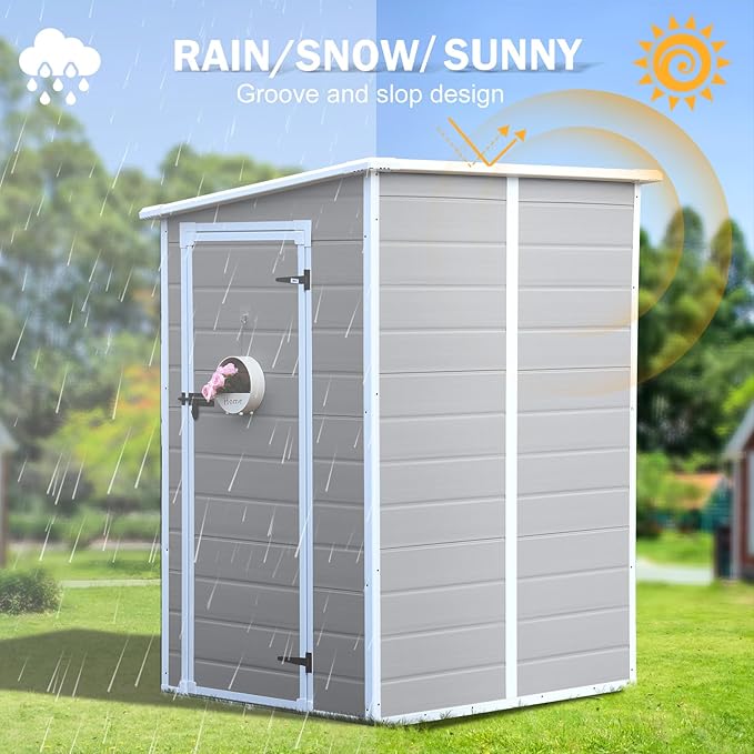 CDCASA 5x4 FT Resin Storage Shed, Waterproof Outdoor Sheds with Floor & Window & Lockable Door Included, Outside Plastic Tool Sheds for Garden, Patio, Backyard, Lawn, Light Gray