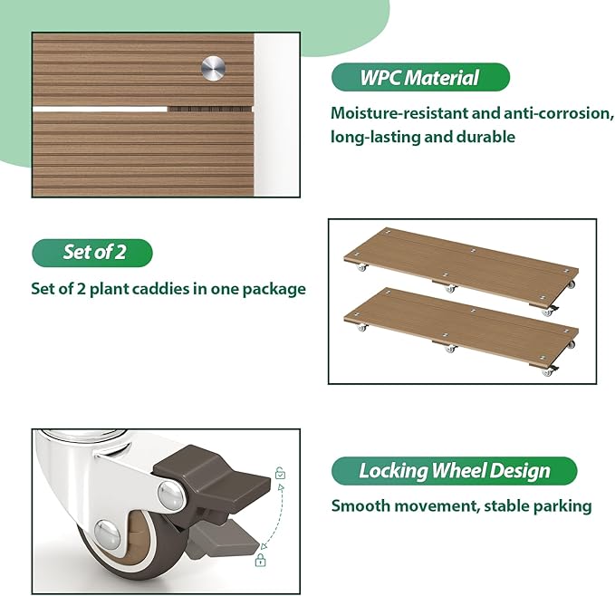 mondaria 2 Pack Plant Caddy with Wheels, Wood Plastic Composite Plant Stand, Heavy Duty Rectangular Plant Dolly with Metal 360° Lockable Caster Wheels for Large Plant Pots, Flower Pot ,Brown
