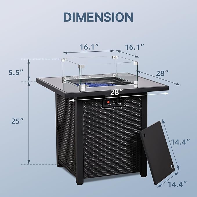 FHFO 28" Propane Fire Pit Table, Outdoor Square Fire pits with Cover,50,000 BTU Steel Gas Firepit, CSA Certified, Pulse Ignition,Glass Stone,Wind Guard, Ideal for Outdoor Patio, Outside, Dining-Black