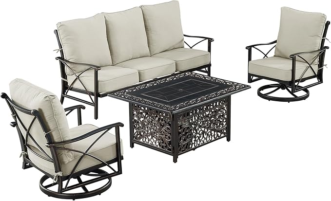 Oakland Living Black Aluminum Fire Table Set with Deep Seating Sofa with Cushion and Two Club Chairs