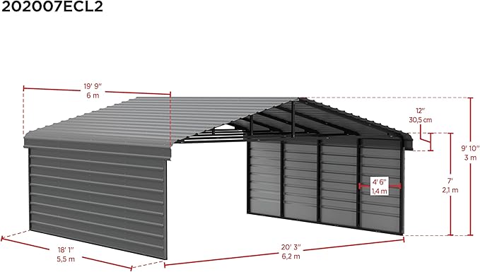 Arrow Carports Galvanized Steel Carport, with 2-Sided Enclosure, Compact Car Metal Carport Kit, 20' x 20' x 7', Charcoal