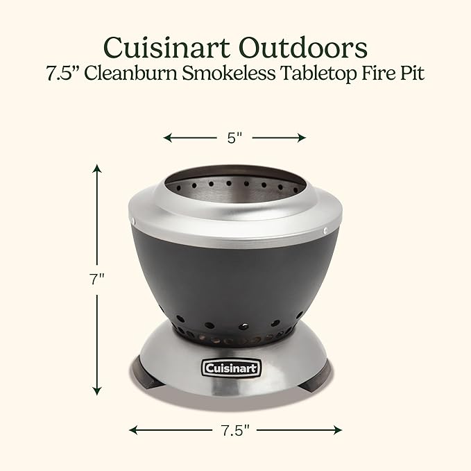 Cuisinart Cleanburn Smokeless Tabletop Fire Pit, 7.5” Lightweight Portable Smokeless Fire Pit with Removable Base for Ash & Carry Bag, Small Outdoor Heater for Patio, Camping & RV, Portable Heater