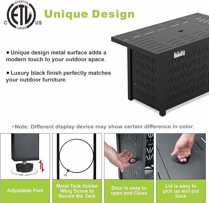 Dineli 43-Inch Rectangular Propane Fire Pit Firepits for Outside Patio Fire Pit Table, Gas Fire Pits with Adjustable Feet, Tabletop Fire Pits for Backyard Deck Balcony, 50,000 BTU, Black