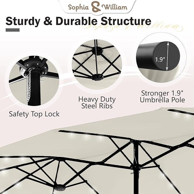 Sophia & William 15 ft Extra Large Patio Umbrella with Solar Lights, Rectangular Outdoor Umbrella with Base Included, Market Umbrella Double-sided Heavy Duty for Pool Garden Backyard, Ivory White
