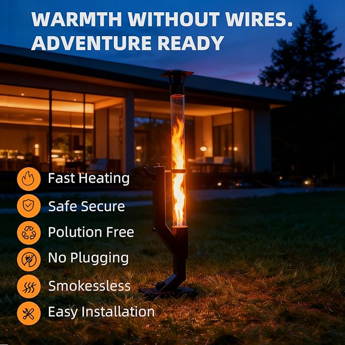 Eco Flame Smokeless Wood Pellet Fire Pit & Patio Heater, Portable Outdoor Rocket Stove with Glass Tube and Ash Tray for Backyard, Camping, Beach, Garden - Stainless Steel Classic