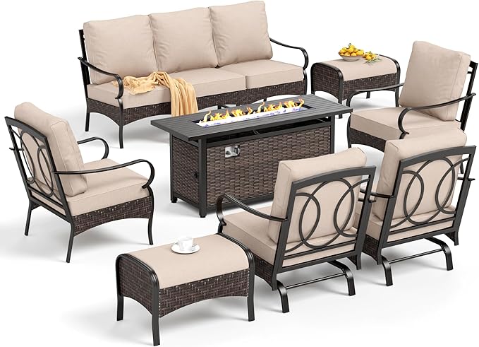 Patio Furniture Set with 56" Fire Pit Table, Premium Outdoor Wicker Metal Frame Furniture with Upgraded Waterproof Thick Cushions for Porch, Poolside, Deck, and Yard （7 Pieces,Beige）