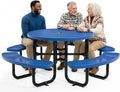 Metal Picnic Tables for Outdoors with Umbrella Hole - Coated Steel Heavy Duty Commercial Grade Furniture Set with Adjustable Seats (Blue, 46 in, Round, Punched Steel)
