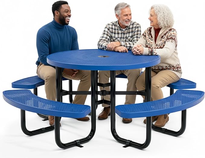 Metal Picnic Tables for Outdoors with Umbrella Hole - Coated Steel Heavy Duty Commercial Grade Furniture Set with Adjustable Seats (Blue, 46 in, Round, Punched Steel)
