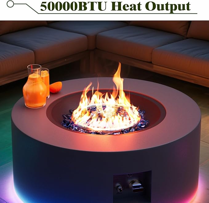 Dineli 2-Piece Outdoor Propane Fire Pit Table Set w Tank Table 30'' Round Fire Pit Table 2-in-1 Firepit Table for Outside Patio Gas Fire Pit w LED, 50,000 BTU, Dark Gray with RGB Light