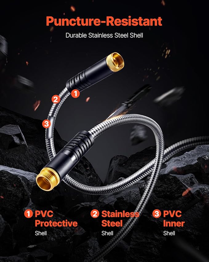 VEVOR Garden Hose Metal 100FT – Heavy Duty Stainless Steel Water Hose, Flexible, No Kink & Tangle, Puncture Resistant & Rust Proof, Lightweight w/ 10-Function Spray Nozzle for Yard, Outdoor, Gardening