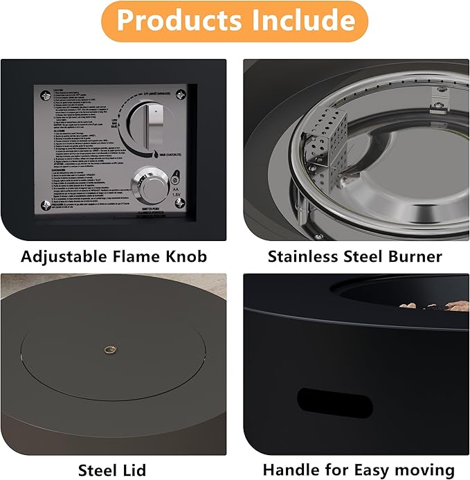 32 inch Round Propane Fire Table, 50,000 BTU Gas FirePit, Patio Fire Pit Table with Steel Lid, Rain Cover, 10ft Propane Hose, Lava Rocks, Black