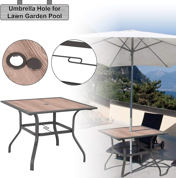Sophia & William Square Patio Dining Table with 1.57" Umbrella Hole, Outdoor Table with Imitation Wood Tabletop and Brown Metal Steel Frame, for Lawn Garden Backyard, L37 X W37 X H28