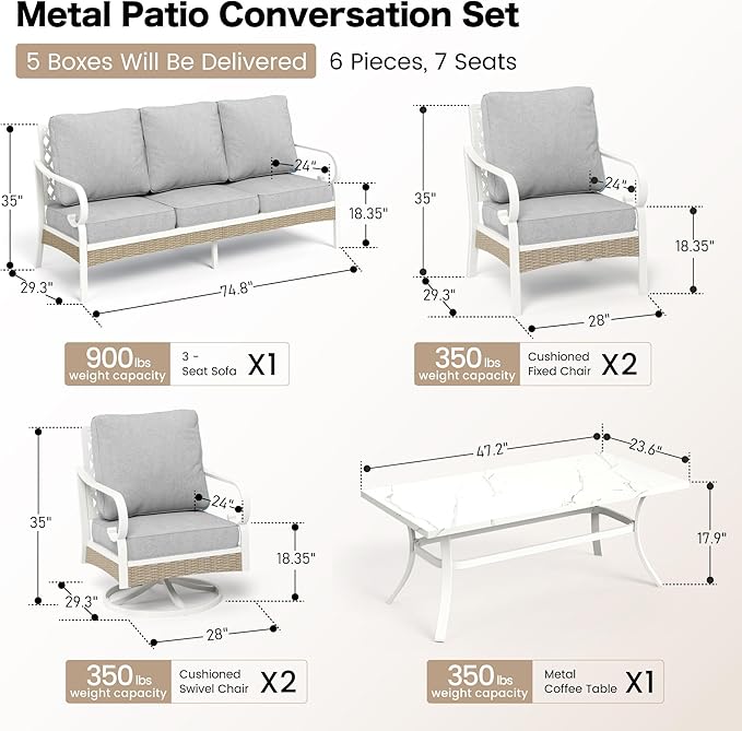 SUNSHINE VALLEY 6 Piece Metal Outdoor Patio Furniture Set, Patio Conversation Set 1 3-Seater Couch, 2 Fixed Sofa, 2 Swivel Sofa with 5.75" Thick Cushion and Coffee Table White Backyard Furniture, Gray