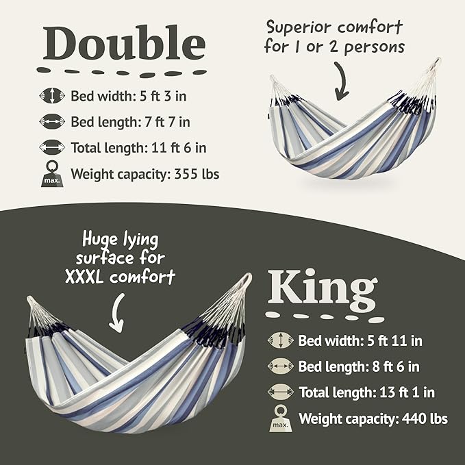 LA SIESTA Brisa Classic Hammock, Handmade, Weather-Resistant, Tear-Resistant Hammock for Indoor & Outdoor Relaxation, Size-King - Sea Salt