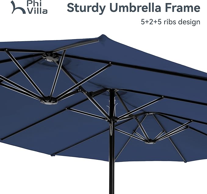 PHI VILLA 15ft Large Patio Umbrellas with Base Included, Outdoor Double-Sided Rectangle Market Umbrella with Crank Handle, for Pool Lawn Garden, Blue