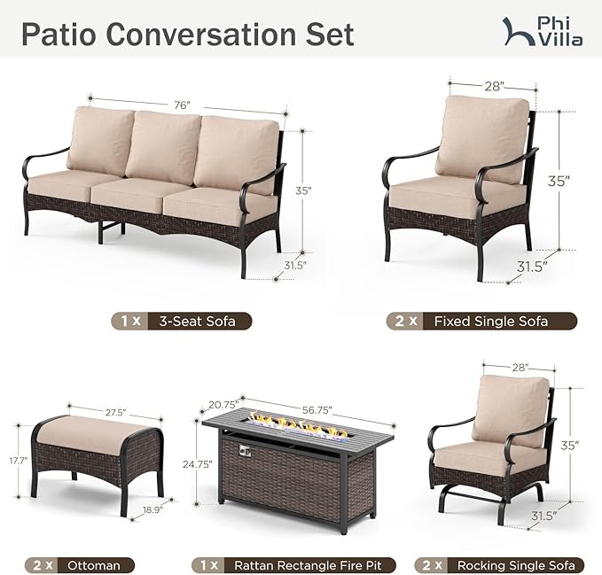 Patio Furniture Set with 56" Fire Pit Table, Premium Outdoor Wicker Metal Frame Furniture with Upgraded Waterproof Thick Cushions for Porch, Poolside, Deck, and Yard （7 Pieces,Beige）