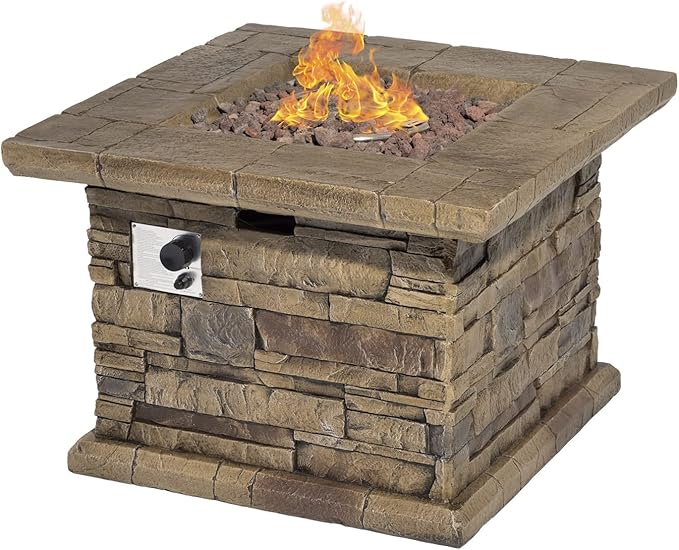 SUNBURY Outdoor Propane Fire Pit, Square Stonecrest Gas Firepit for Outside Patio, Concrete Propane Fire Table 50,000 BTU Gas Fire Pits w Lava Rocks, Waterproof Cover, CSA Certified