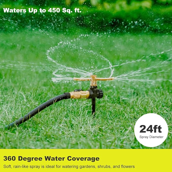 FANHAO 2 Pack Metal Lawn Sprinklers for Yard with Spike Base, 3-Arm Water Sprinkler 360 Degree Automatic Rotary Garden Sprinkler System, Large Yard Area Watering for Plant, Flower Bed and Patio