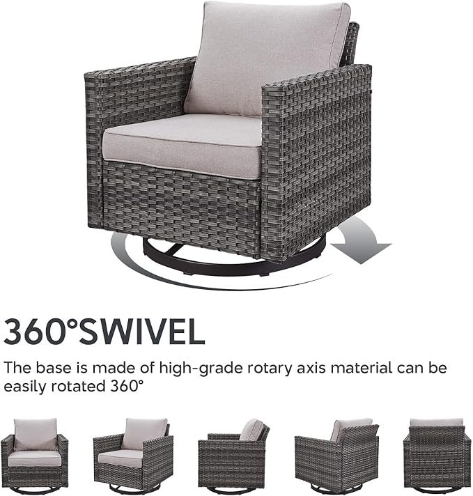 Outdoor Swivel Rocker Chairs - 5 Piece Patio Bistro Set Wicker Patio Rocking Chairs Set with Side Table and Ottomans, 360° Swivel Glider Proch Furniture for Balcony Deck - Grey/Beige