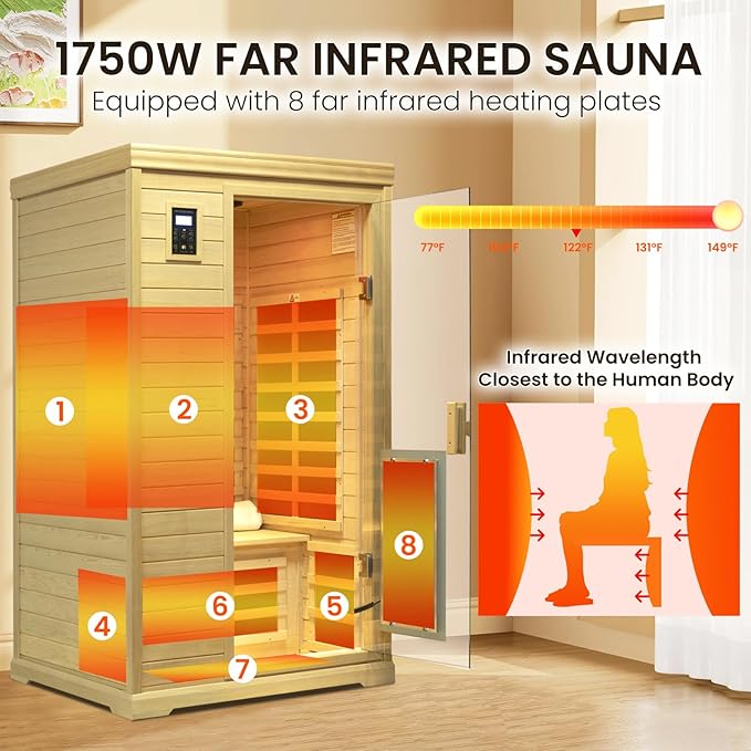 2 Person Far Infrared Sauna,Low EMF Far Infrared Sauna, Wooden Canadian Hemlock Indoor Spa Sauna 1750W Indoor Sauna with Tempered Glass Door/Speakers/Air Hole and LED Lighting/Colorful Lights