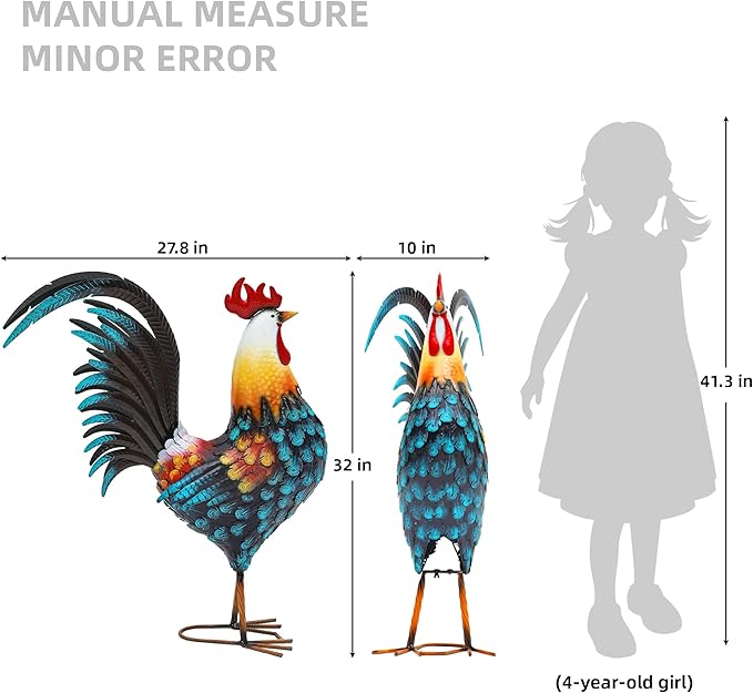 Ultym 32in Metal Rooster Decor, Outdoor Garden Statues, Metal Chicken Sculpture for Backyard Patio Garden Kitchen Décor
