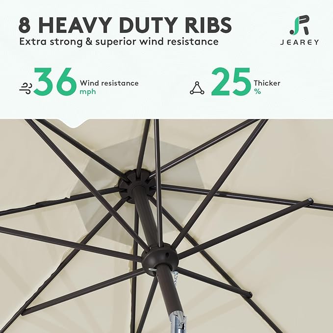 JEAREY 9FT Outdoor Patio Umbrella Outdoor Table Umbrella with Push Button Tilt and Crank, Market Umbrella 8 Sturdy Ribs UV Protection Waterproof for Garden, Deck, Backyard, Pool (Tan)