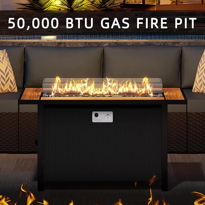 JAMFLY Propane Fire Pit Table 45 Inch, 50,000 BTU Outdoor Gas Firepit Table for Outside Patio with Glass Wind Guard, Blue Glass Rocks,Waterproof Cover, Black/Walnut Wood