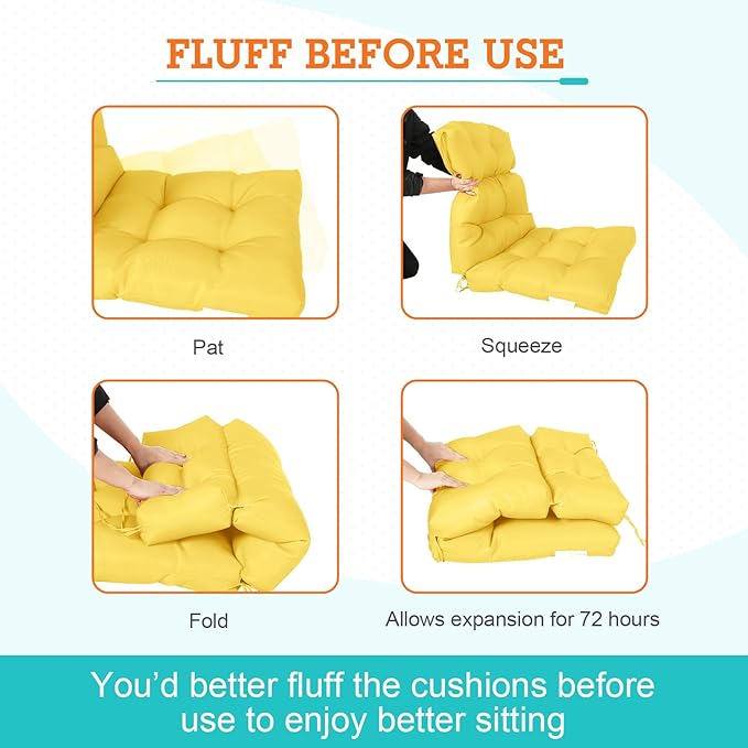 EAGLE PEAK Tufted Outdoor/Indoor High Back Patio Chair Cushions, Set of 2, 46'' x 22'', Yellow