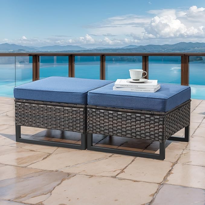 HUMMUH 5 Piece Patio Furniture Outdoor Bistro Set All-Weather Wicker Outdoor Chairs with Ottomans End Table for Patio,Porch,Garden,Backyard