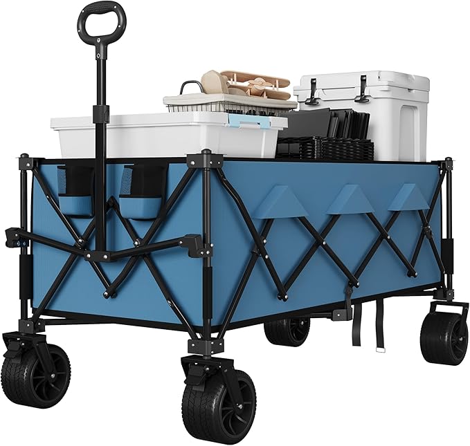 52" Foldable Wagon for Beach with 460lbs Weight Capacity, Heavy Duty 350L Extra Large Collapsible Foldable Wagon for Camping, All Terrain Beach Wagons Extended with Cup Holders for Sand
