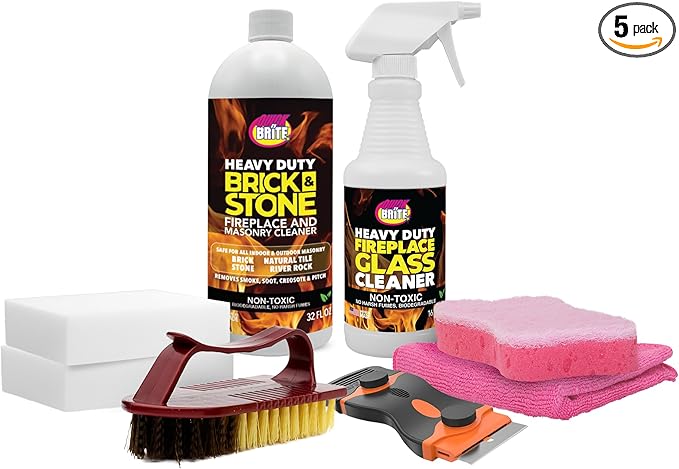 Quick 'n Brite Fireplace Cleaning Kit – Includes 16 oz Fireplace Glass Cleaner, 32 oz Gel Fireplace Cleaner, Scrub Brush, Sponge and Microfiber Towel