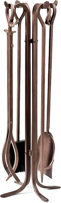Plow & Hearth 5 Piece Hand Forged Iron Fireplace Tool Set 32.5" | Bronze Wrought Iron Handle for Outdoor Indoor | Stand Poker Shovel Brush Log Tongs Wood Stove Accessory